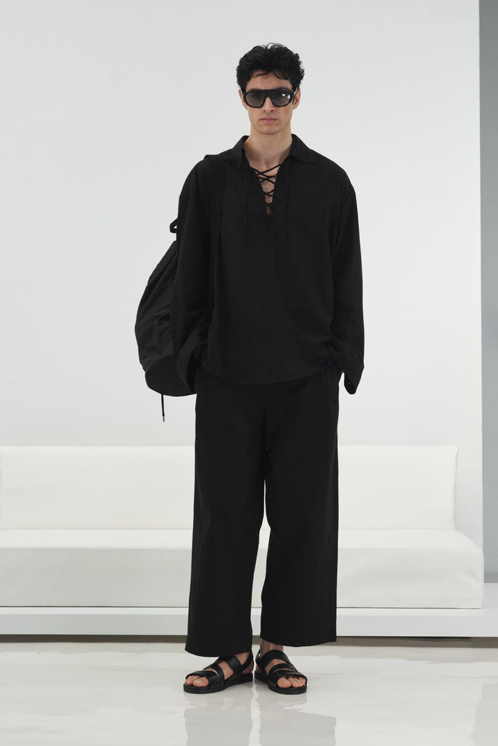 Giesto Chemise en voile noire à col avec cordon coupe décontractée - Noir