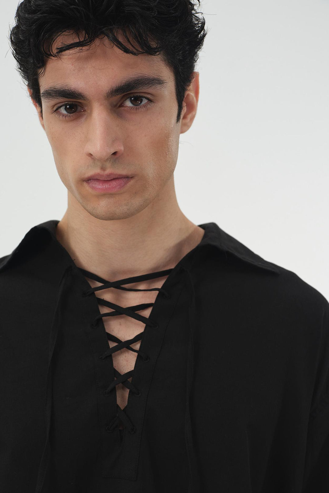 Giesto Chemise en voile noire à col avec cordon coupe décontractée - Noir