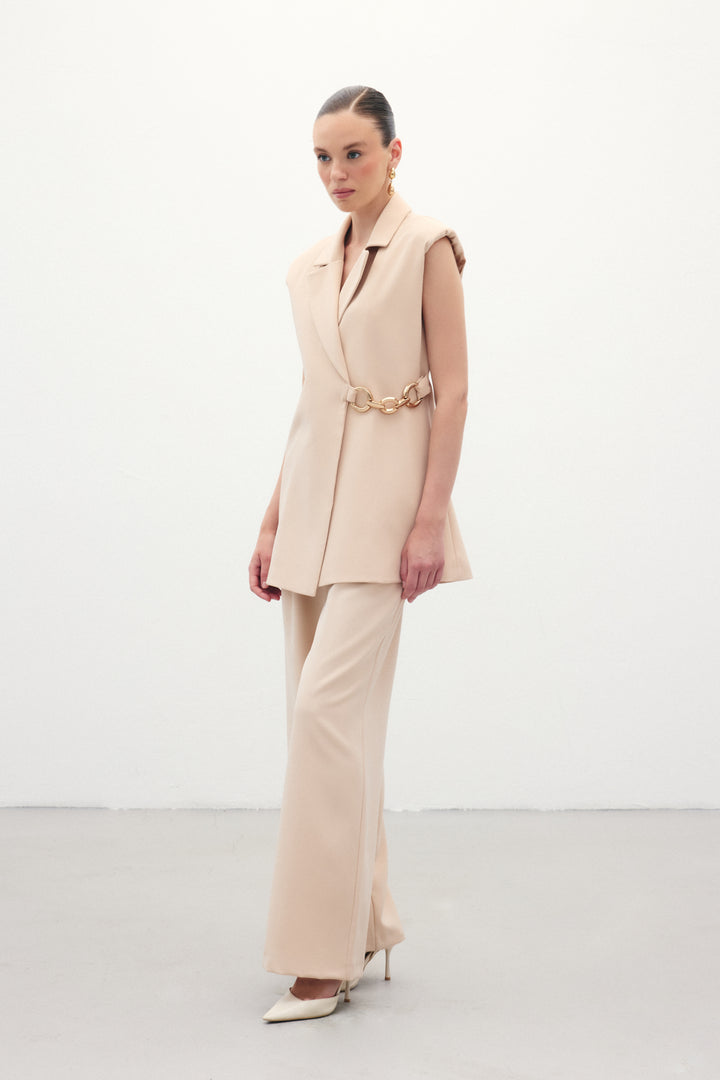 Sateen Gilet Long avec Accessoire Latéral - Beige