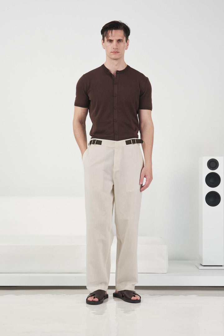 Giesto Pantalon en lin beige avec détail de ceinture latérale - Beige