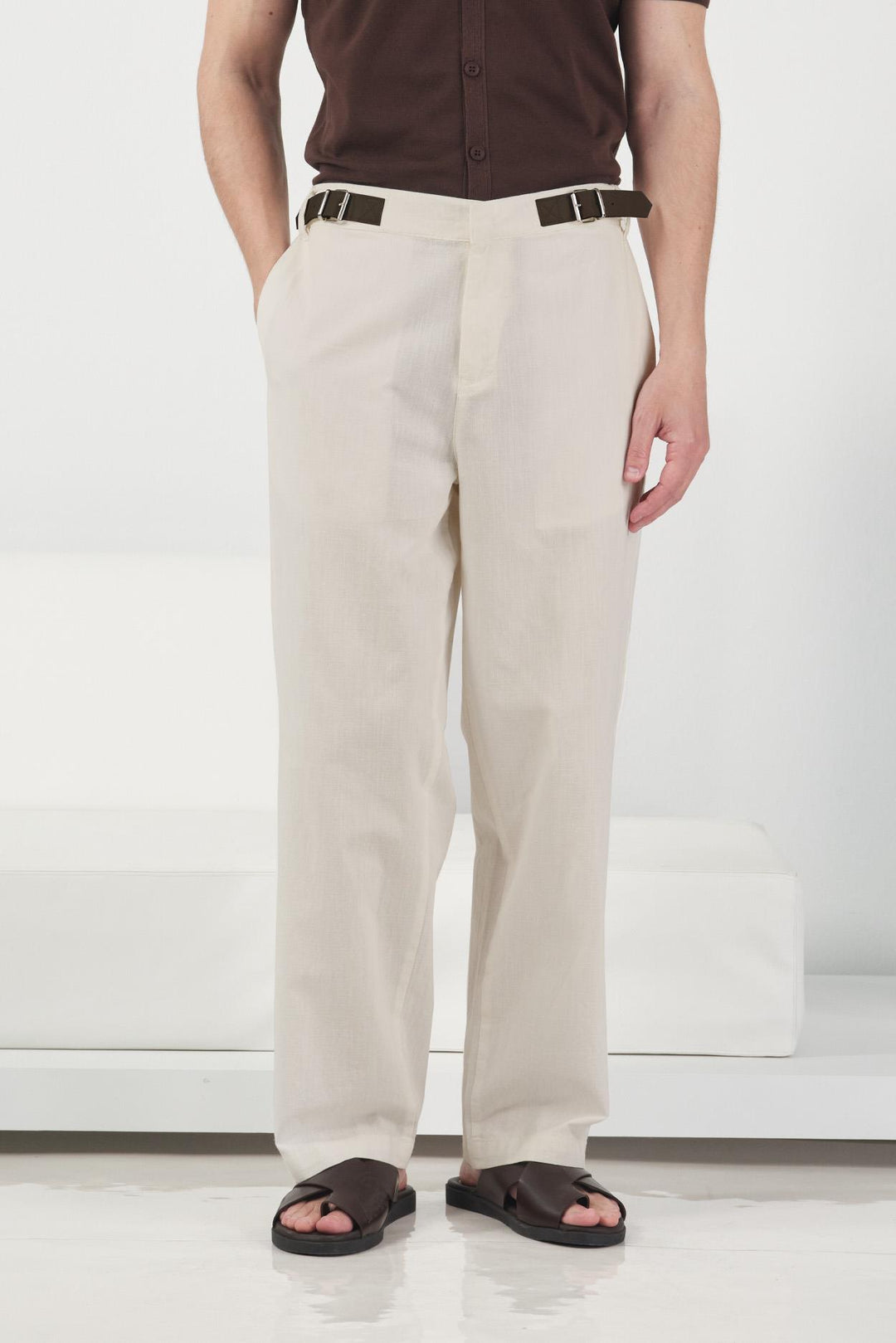Giesto Pantalon en lin beige avec détail de ceinture latérale - Beige