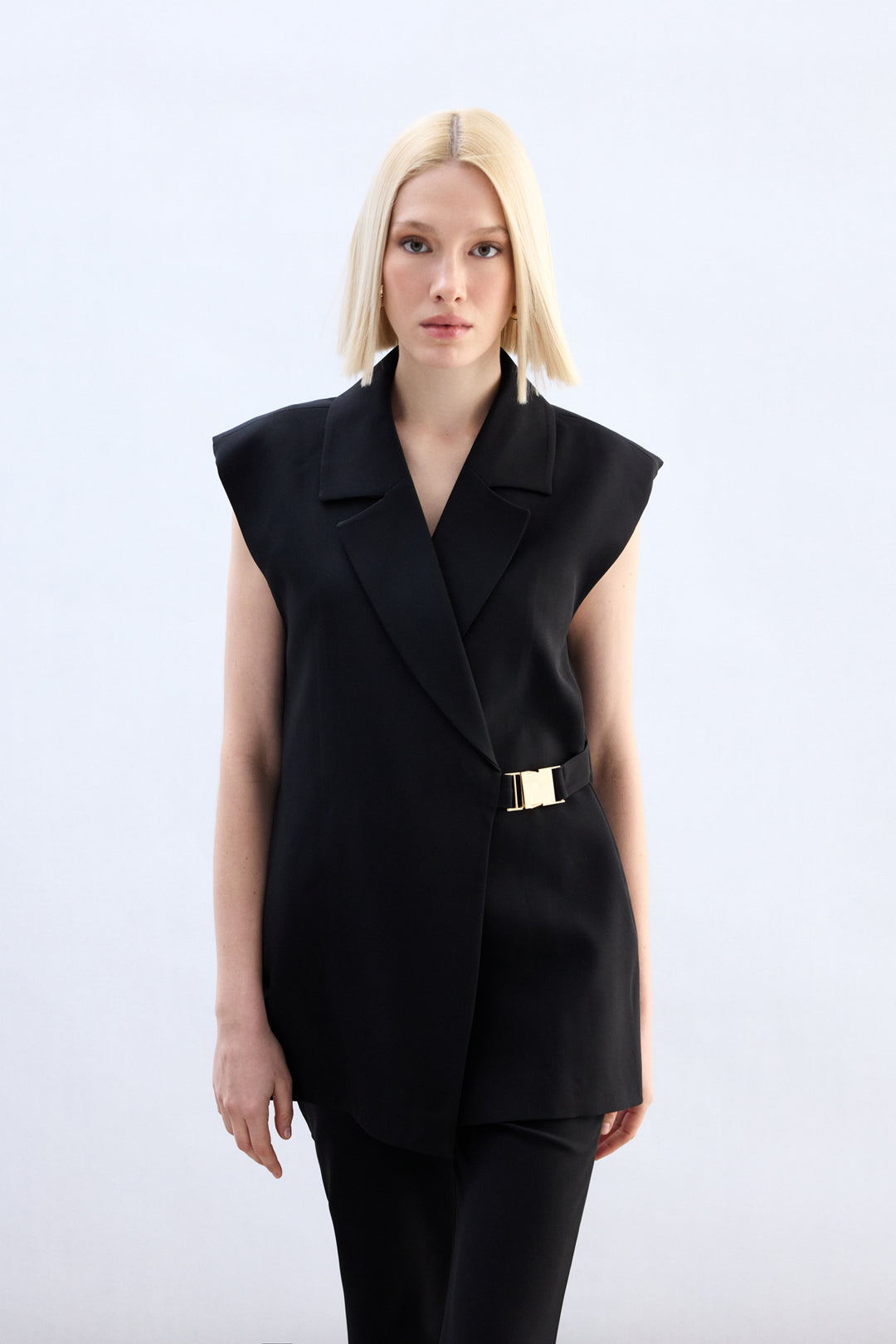 Sateen Gilet long avec ceinture latérale - Noir