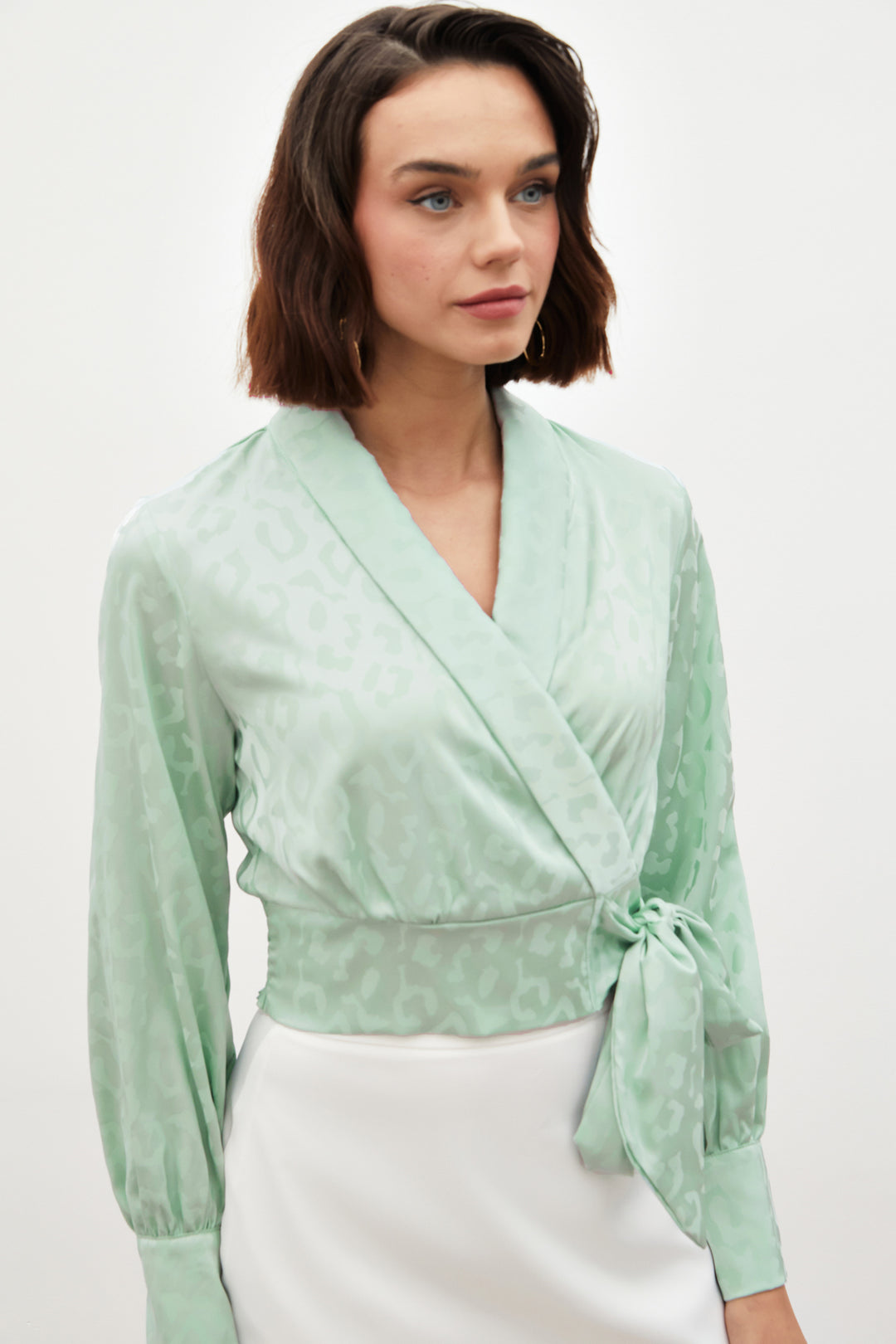 Sateen Blouse en Satin avec Ceinture Latérale - Menthe
