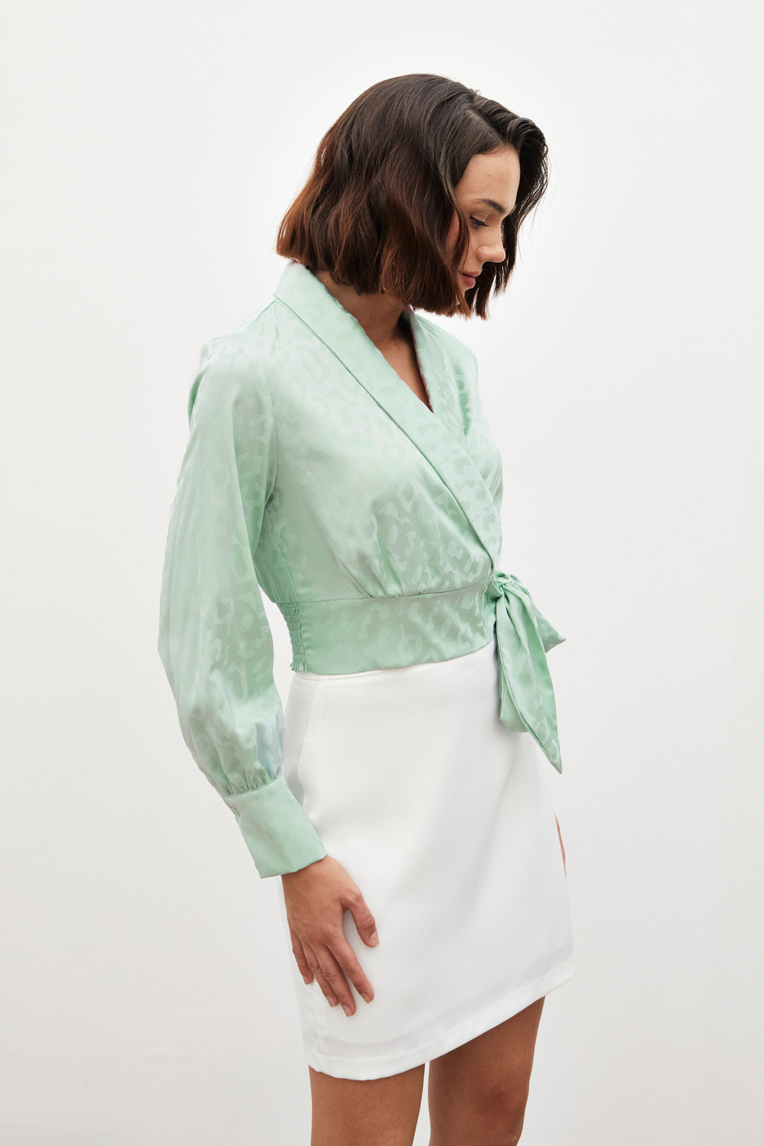 Sateen Blouse en Satin avec Ceinture Latérale - Menthe
