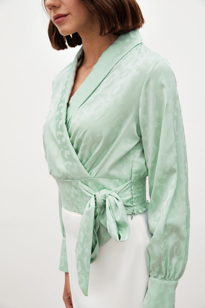 Sateen Blouse en Satin avec Ceinture Latérale - Menthe
