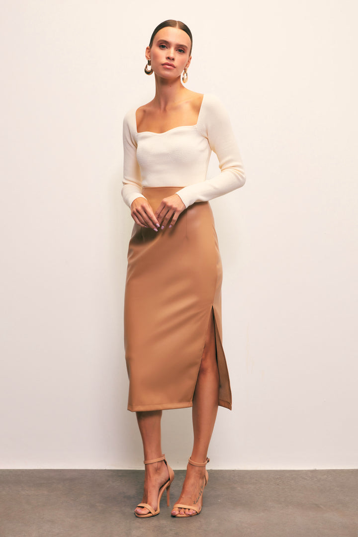 Sateen Jupe en Cuir avec Fente Latérale - camel