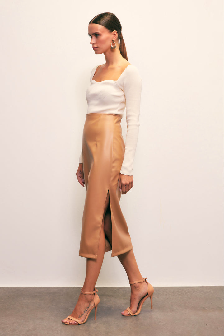 Sateen Jupe en Cuir avec Fente Latérale - camel