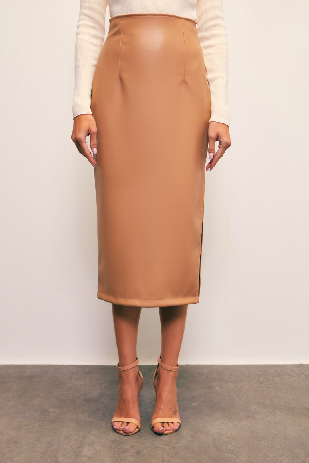 Sateen Jupe en Cuir avec Fente Latérale - camel