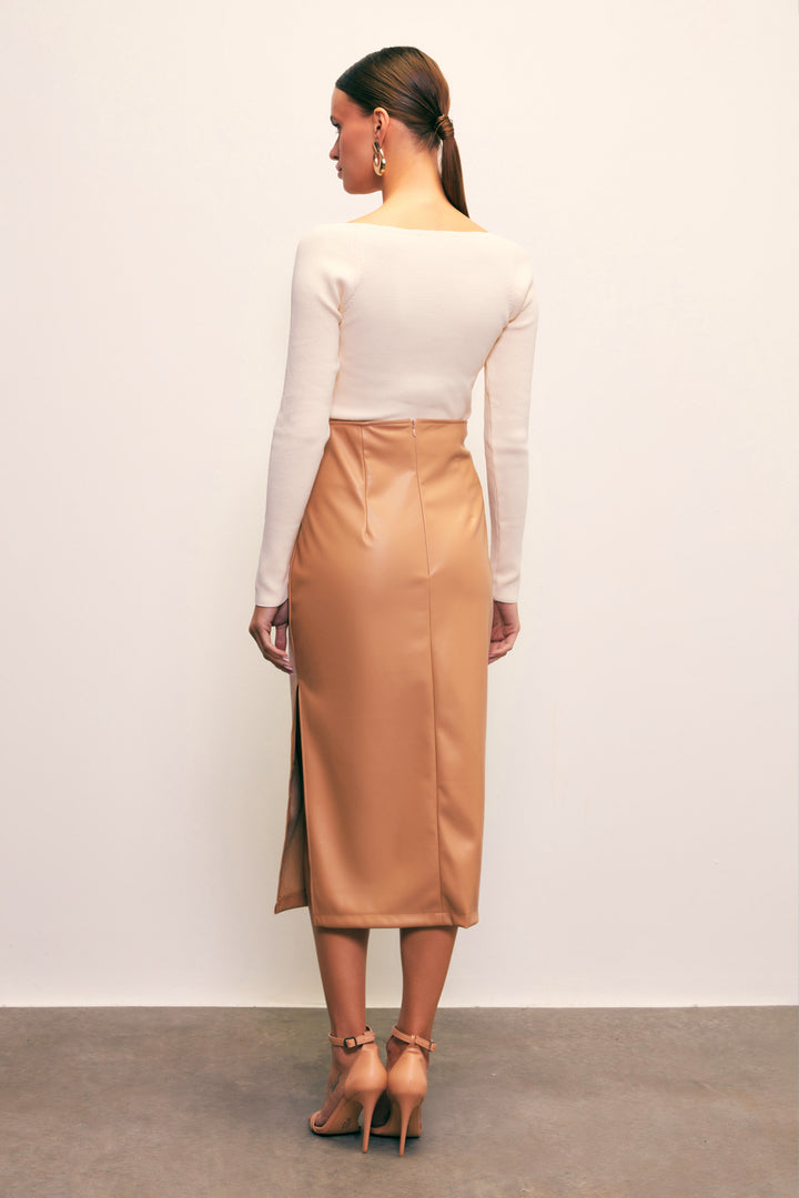 Sateen Jupe en Cuir avec Fente Latérale - camel