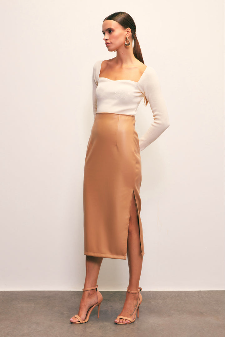 Sateen Jupe en Cuir avec Fente Latérale - camel