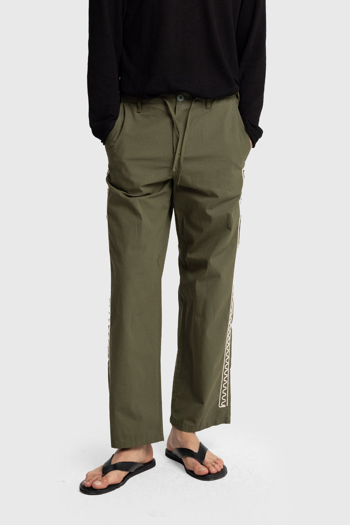 Giesto Pantalon en popeline avec broderies sur les côtés - Kaki