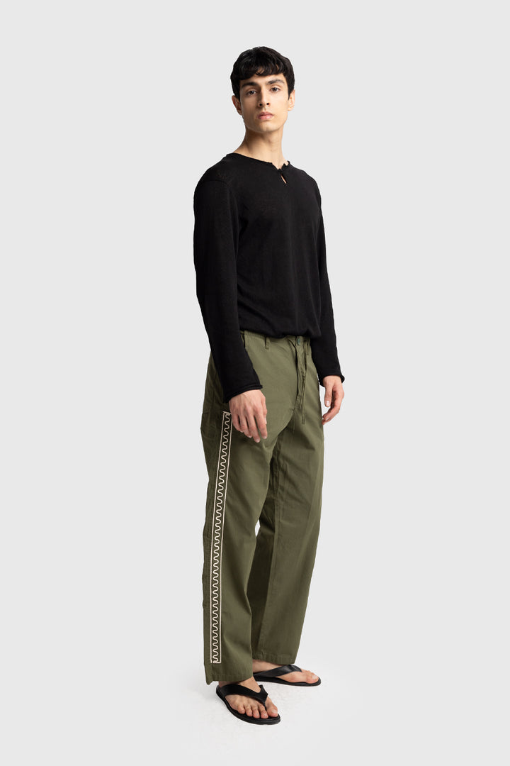 Giesto Pantalon en popeline avec broderies sur les côtés - Kaki