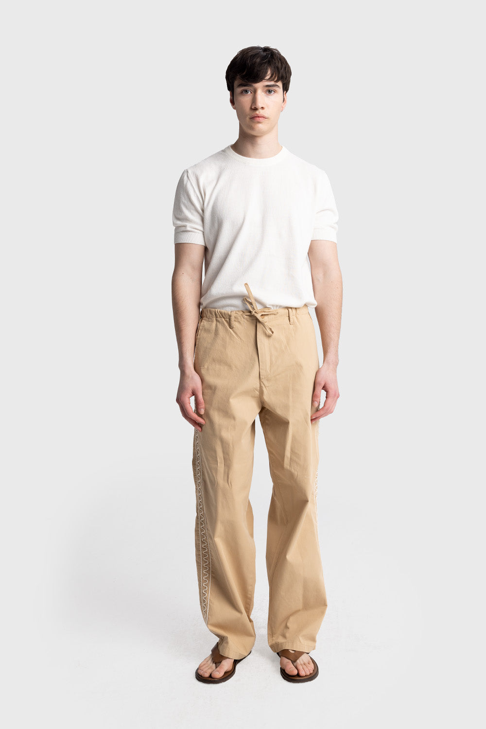 Giesto Pantalon en popeline avec broderies sur les côtés - Tabac