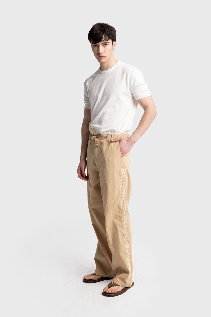 Giesto Pantalon en popeline avec broderies sur les côtés - Tabac
