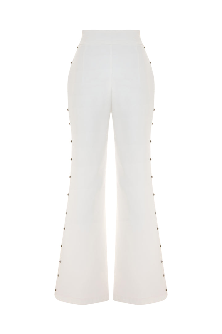 Sateen Pantalon avec accessoires en perles sur les côtés - Écru