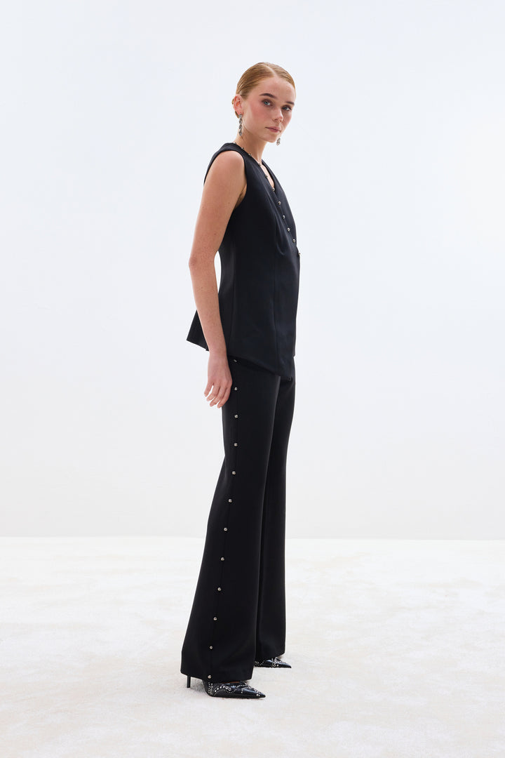 Sateen Pantalon avec accessoires en perles sur les côtés - Noir