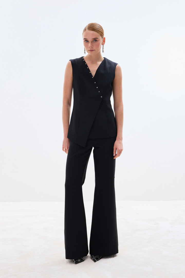 Sateen Pantalon avec accessoires en perles sur les côtés - Noir