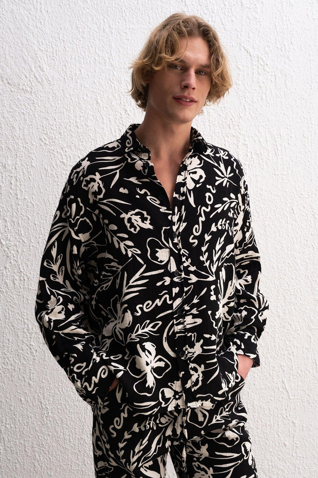 Giesto Chemise noire à motifs de feuilles - Noir