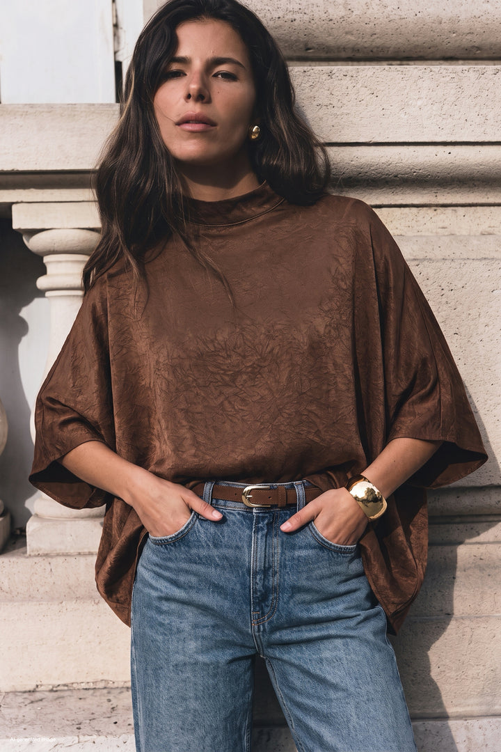 Sateen Blouse à manches chauve-souris - Clair Marron