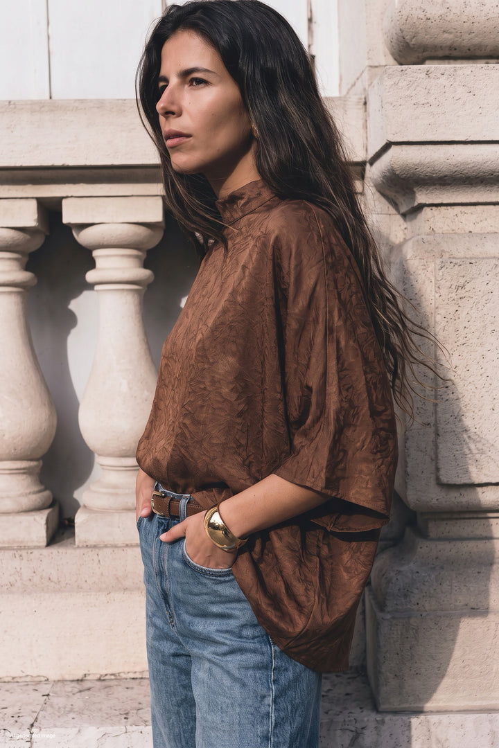 Sateen Blouse à manches chauve-souris - Clair Marron