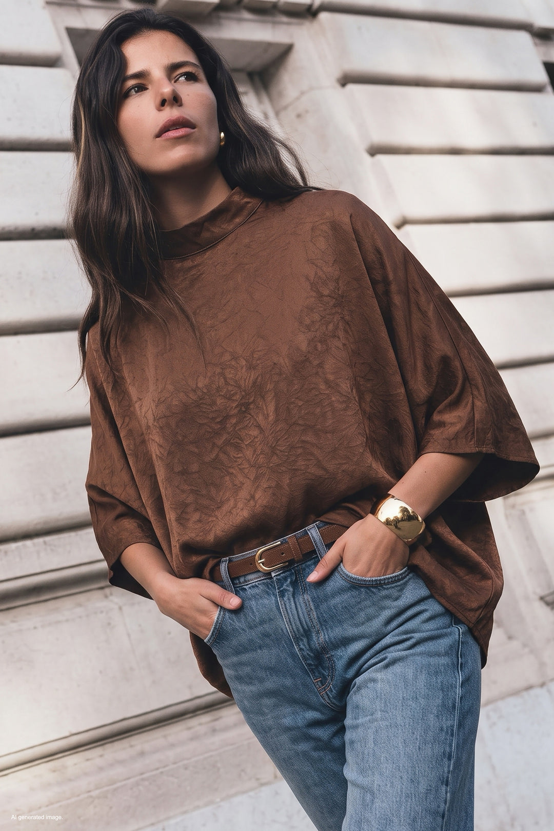 Sateen Blouse à manches chauve-souris - Clair Marron