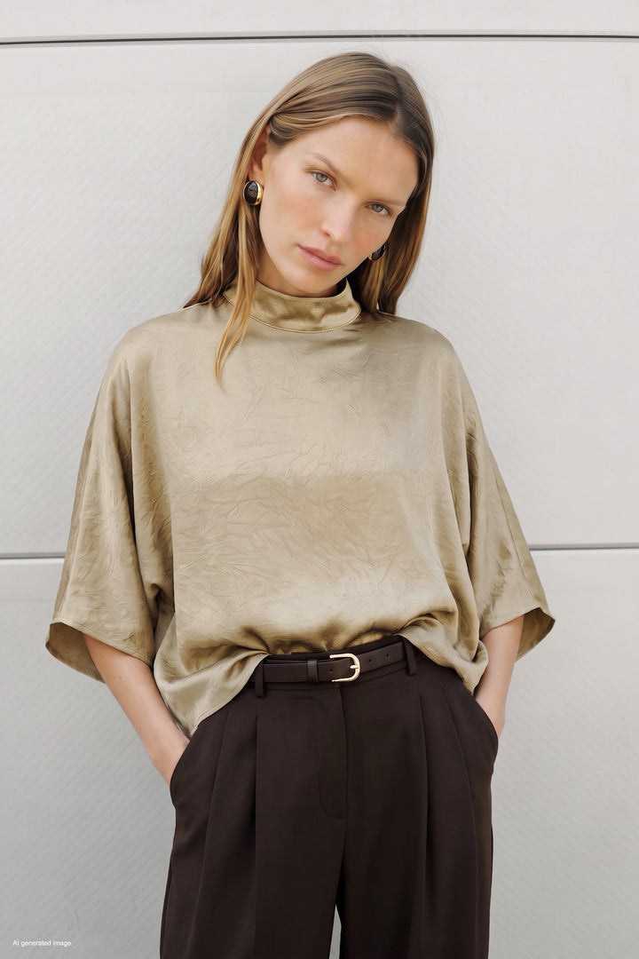 Sateen Blouse à Manches Chauve-souris - Beige