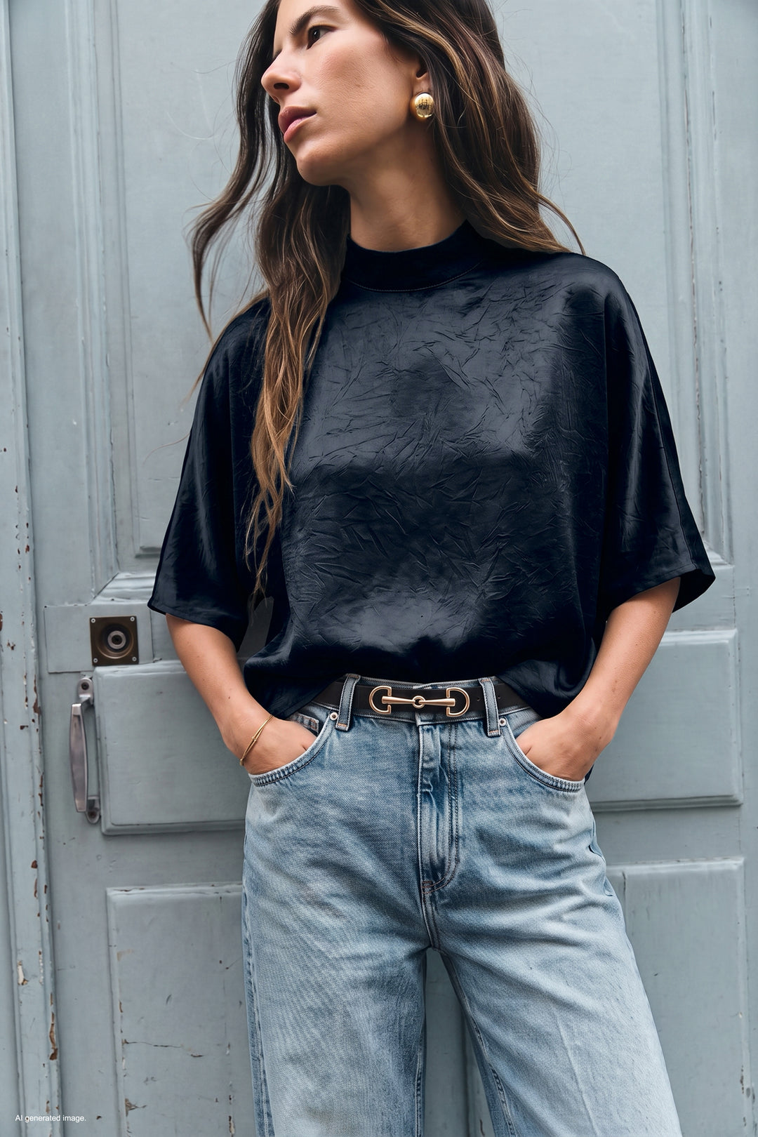 Sateen Blouse à Manches Chauve-souris - Bleu marine
