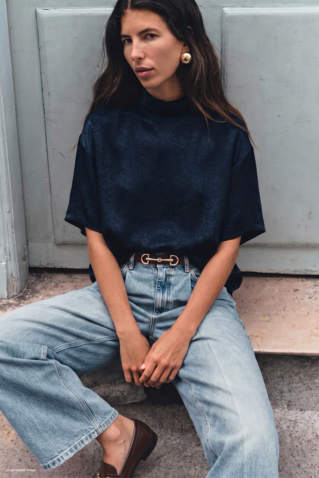 Sateen Blouse à Manches Chauve-souris - Bleu marine