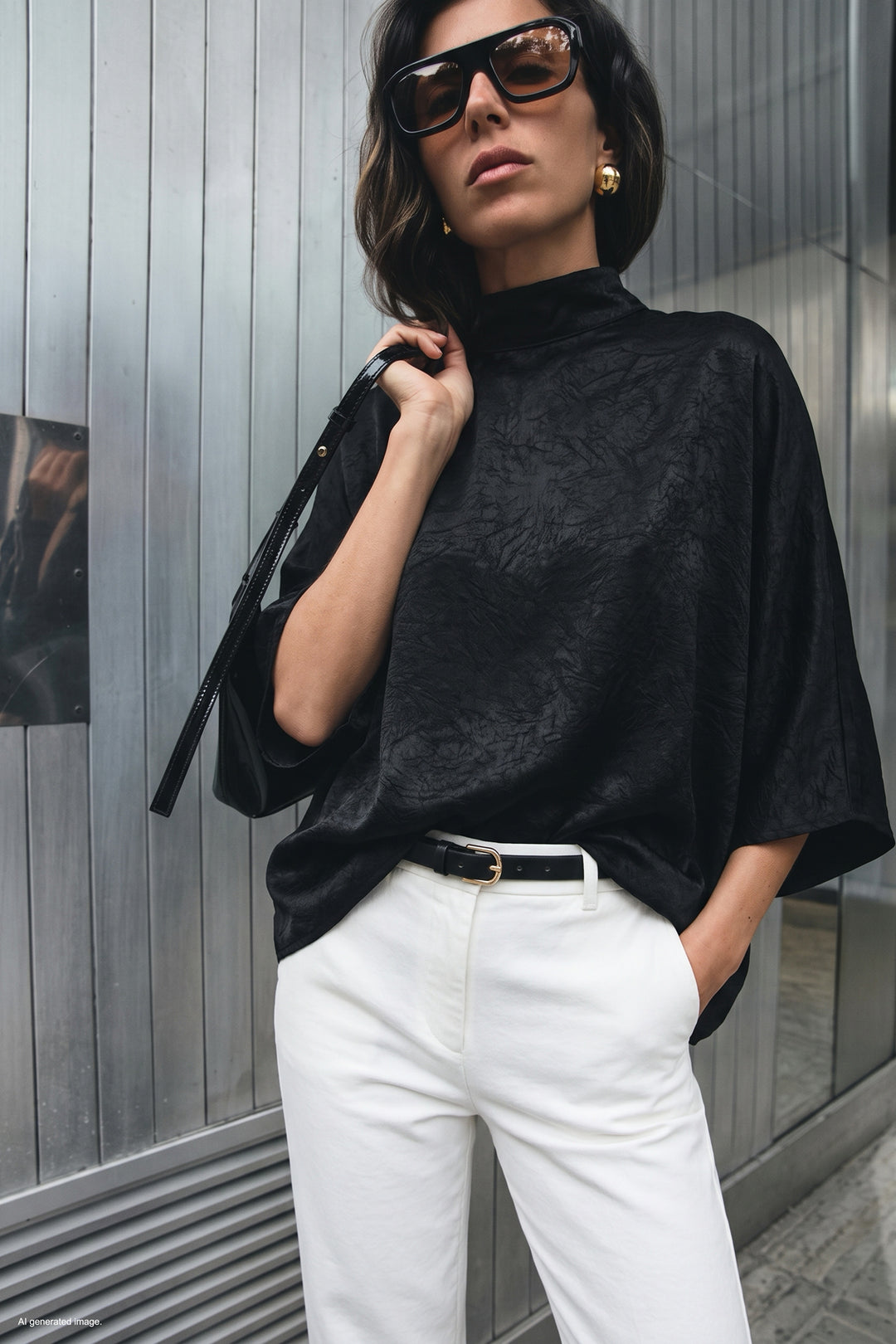 Sateen Blouse à manches chauve-souris - Noir