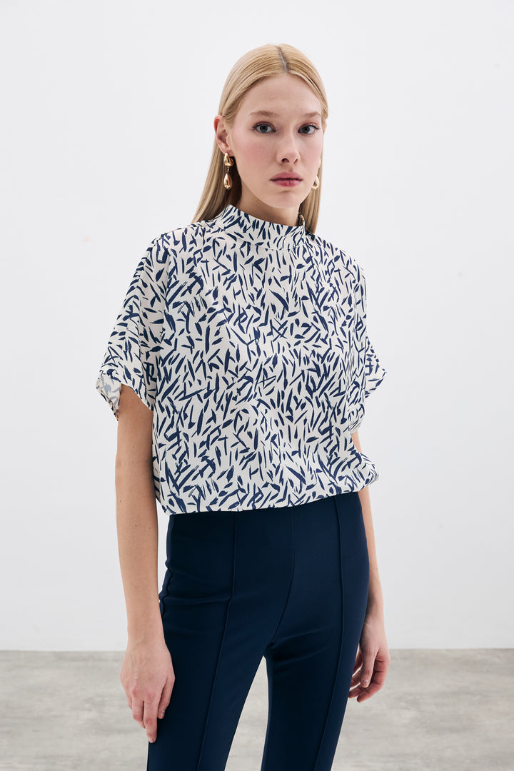 Sateen Blouse Imprimée à Manches Chauve-Souris - Bleu marine