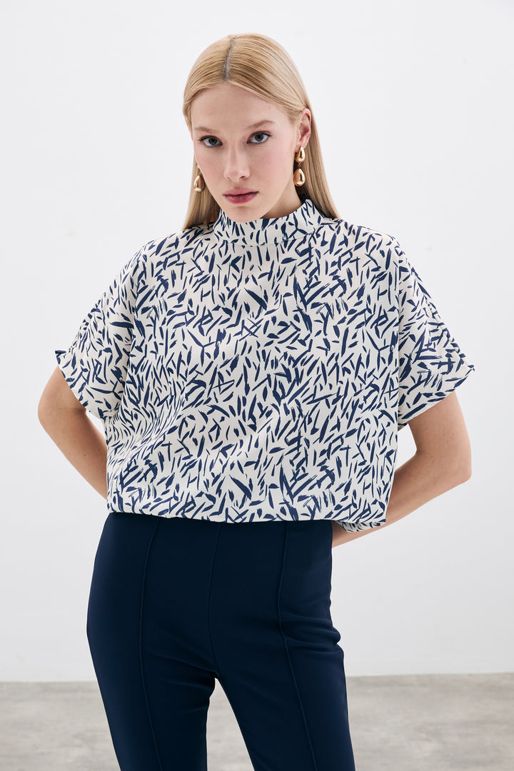 Sateen Blouse Imprimée à Manches Chauve-Souris - Bleu marine