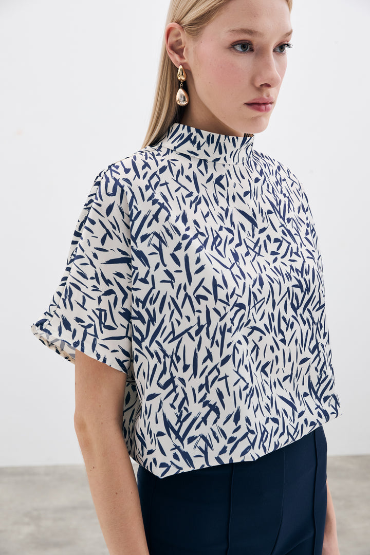 Sateen Blouse Imprimée à Manches Chauve-Souris - Bleu marine
