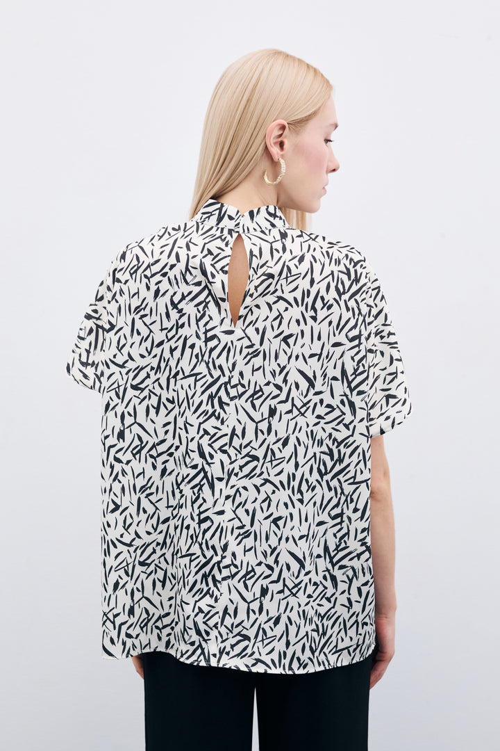 Sateen Blouse Imprimée à Manches Chauve-Souris - Noir