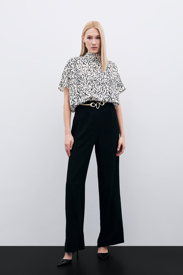 Sateen Blouse Imprimée à Manches Chauve-Souris - Noir