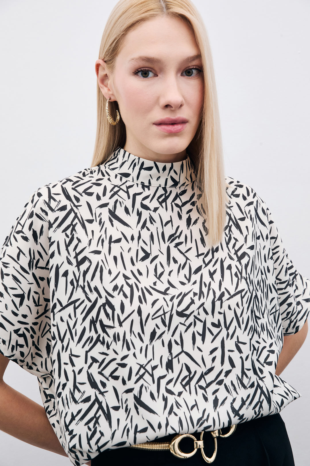 Sateen Blouse Imprimée à Manches Chauve-Souris - Noir