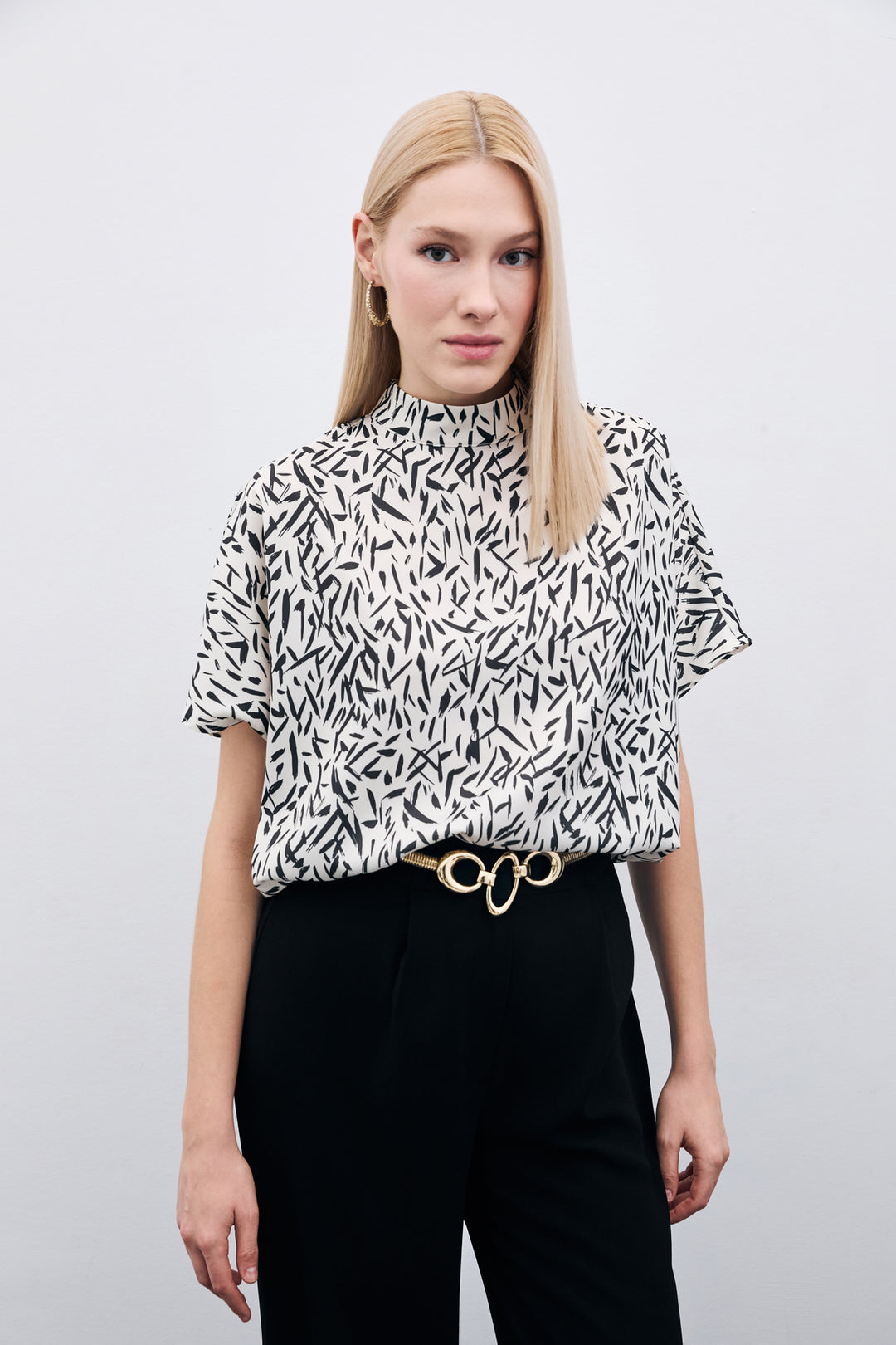 Sateen Blouse Imprimée à Manches Chauve-Souris - Noir