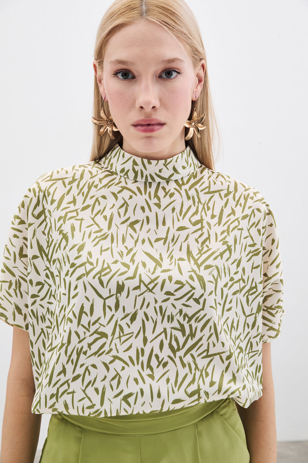 Sateen Blouse Imprimée à Manches Chauve-Souris - yag Vert
