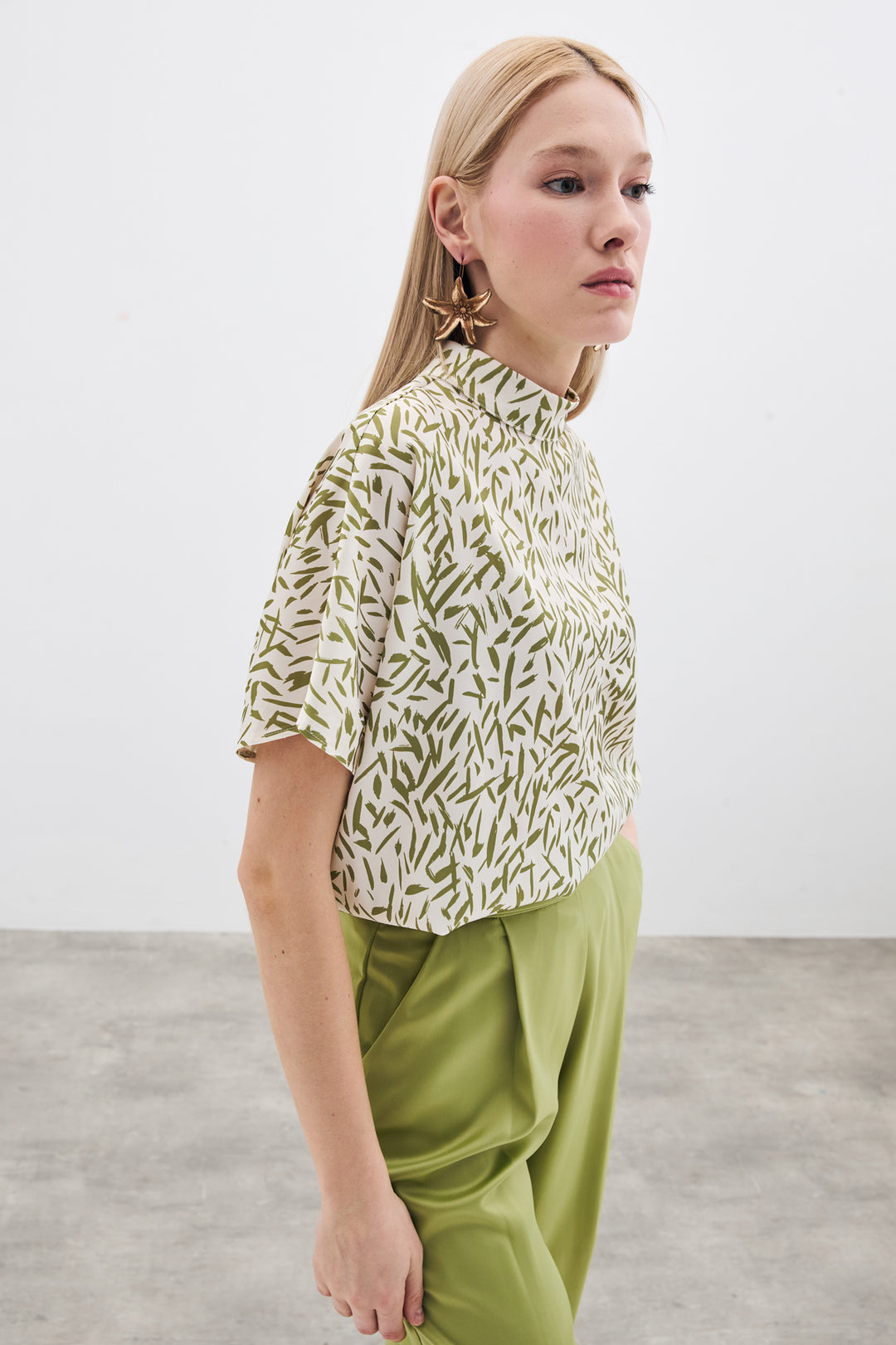 Sateen Blouse Imprimée à Manches Chauve-Souris - yag Vert