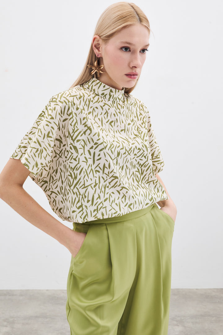 Sateen Blouse Imprimée à Manches Chauve-Souris - yag Vert