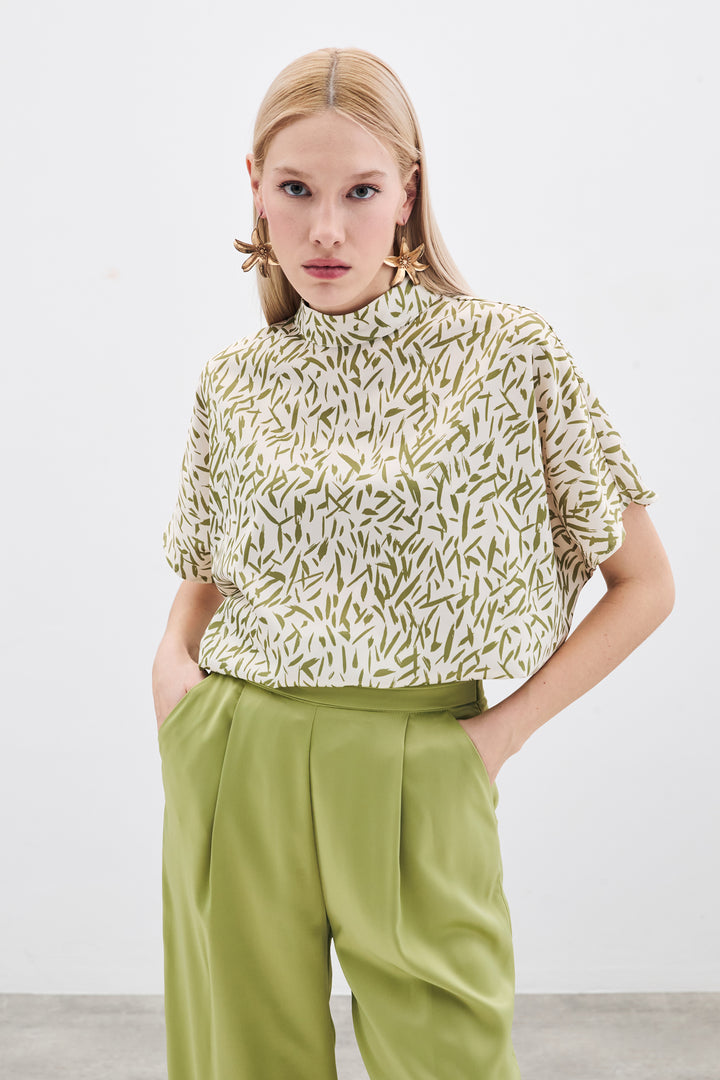 Sateen Blouse Imprimée à Manches Chauve-Souris - yag Vert