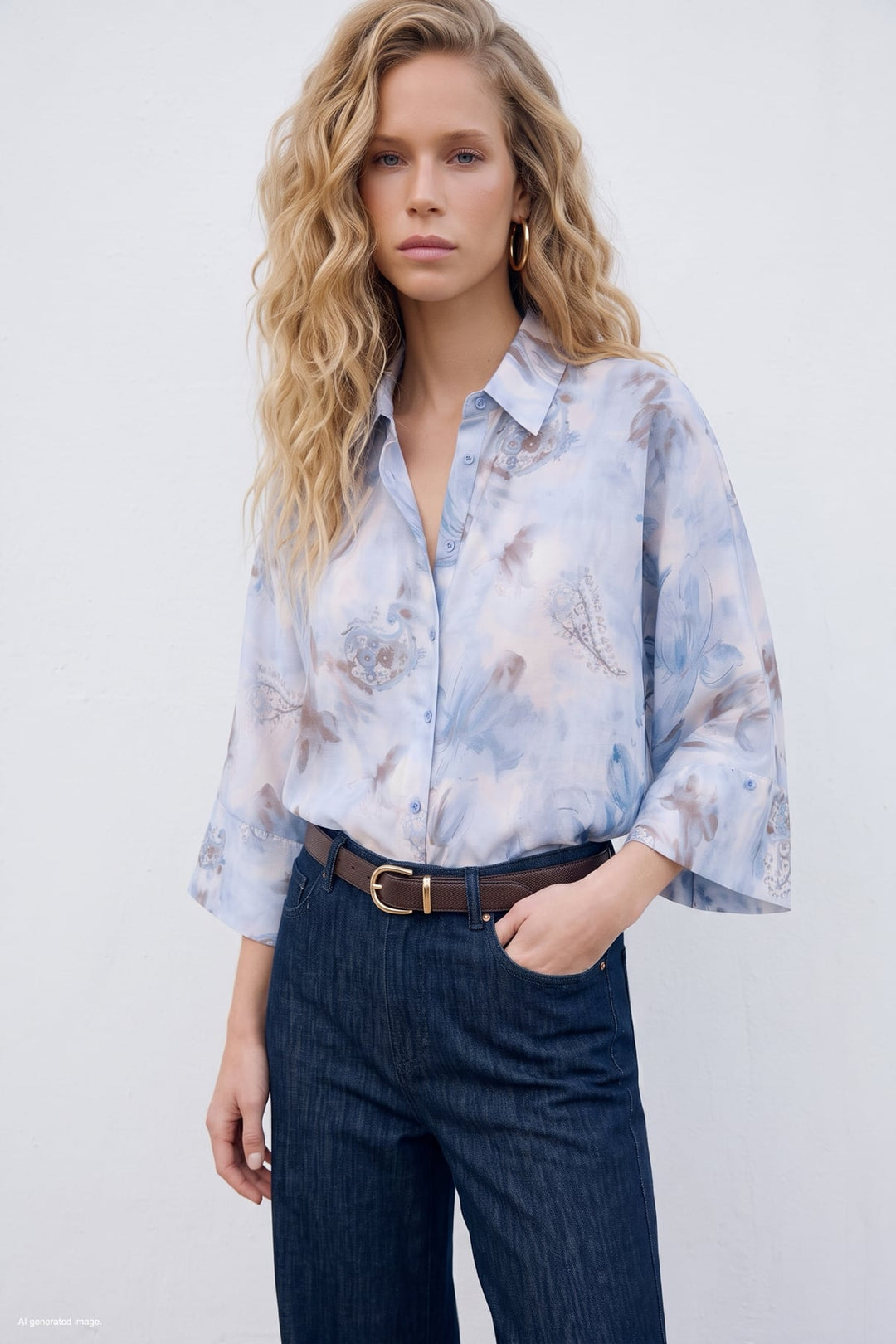 Sateen Chemise fine à manches chauve-souris - Bleu