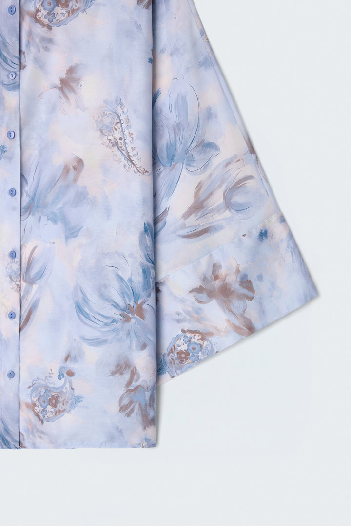 Sateen Chemise fine à manches chauve-souris - Bleu