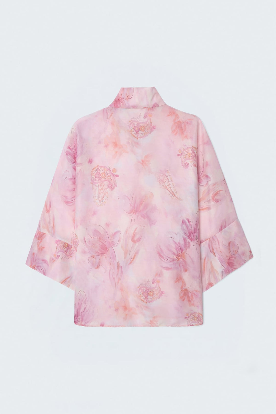 Sateen Chemisier Fin à Manches Chauve-souris Imprimé - Rose