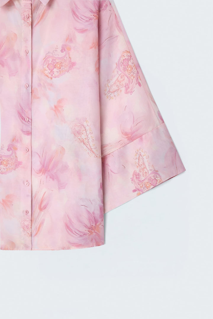 Sateen Chemisier Fin à Manches Chauve-souris Imprimé - Rose