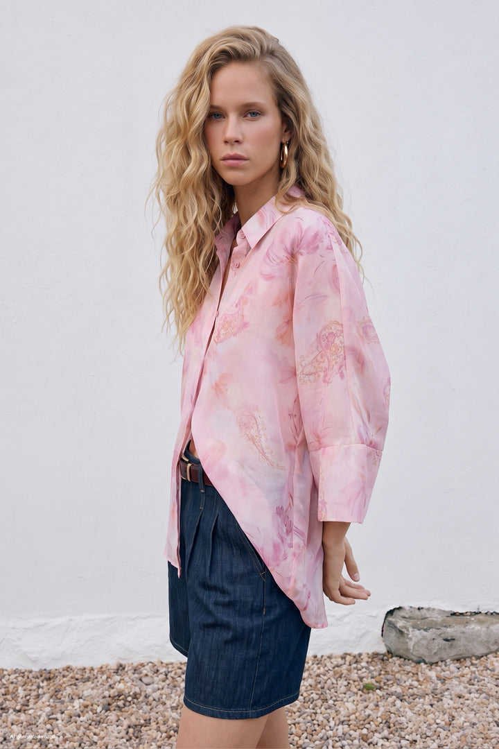 Sateen Chemisier Fin à Manches Chauve-souris Imprimé - Rose