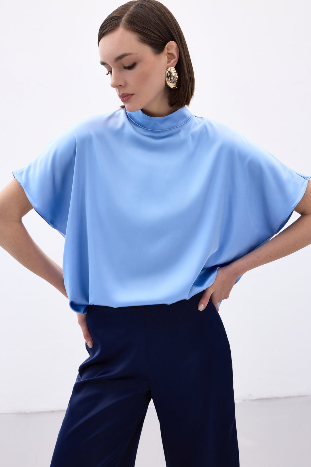 Sateen Blouse Ample à Manches Chauve-Souris - bebe Bleu