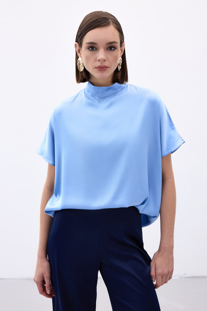 Sateen Blouse Ample à Manches Chauve-Souris - bebe Bleu
