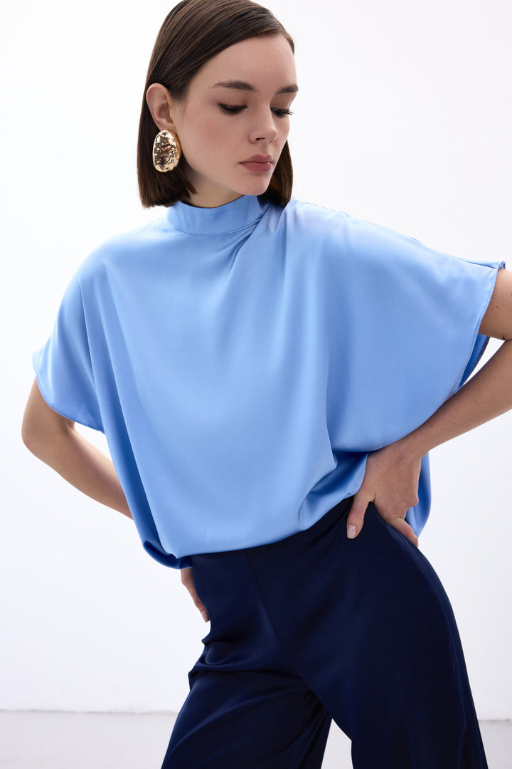 Sateen Blouse Ample à Manches Chauve-Souris - bebe Bleu