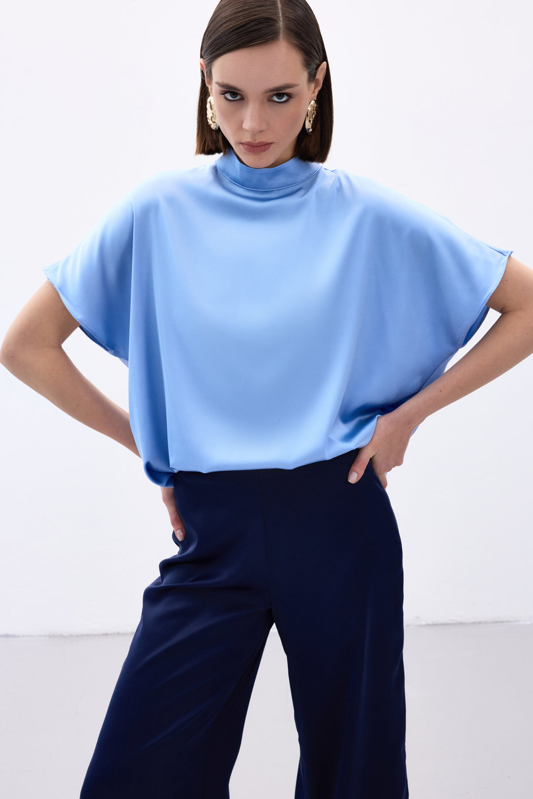 Sateen Blouse Ample à Manches Chauve-Souris - bebe Bleu