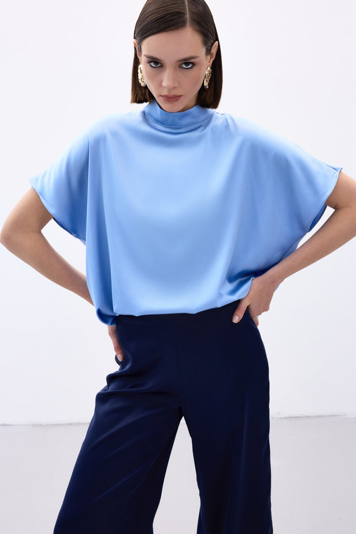 Sateen Blouse Ample à Manches Chauve-Souris - bebe Bleu